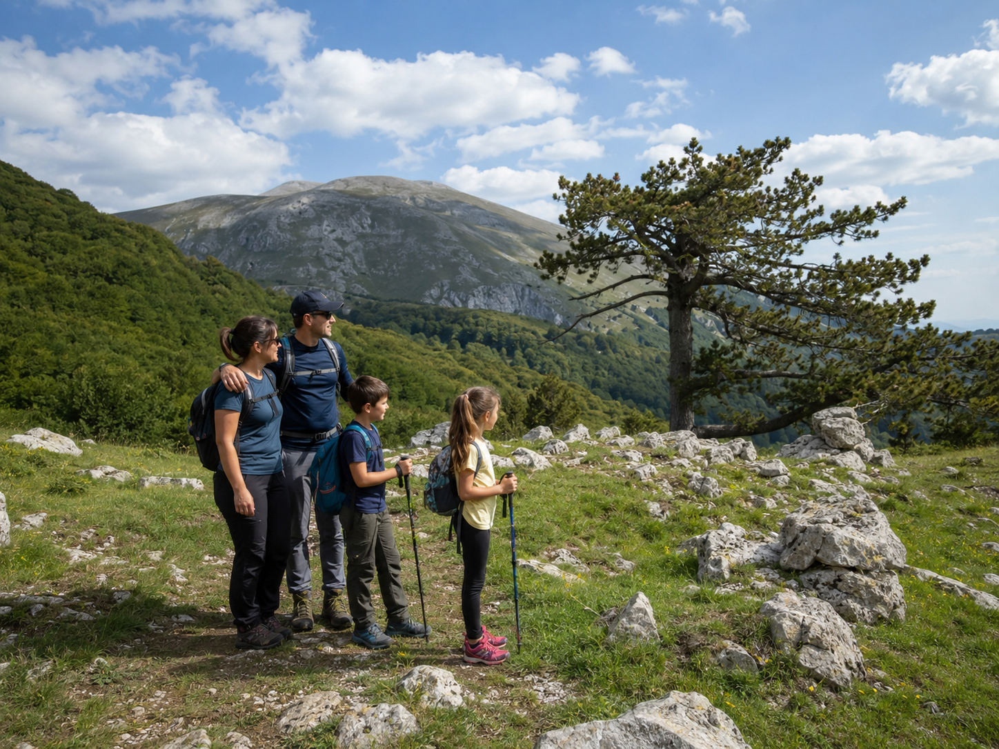 Famiglia in escursione nel Parco del Pollino tra rocce, boschi e pino loricato