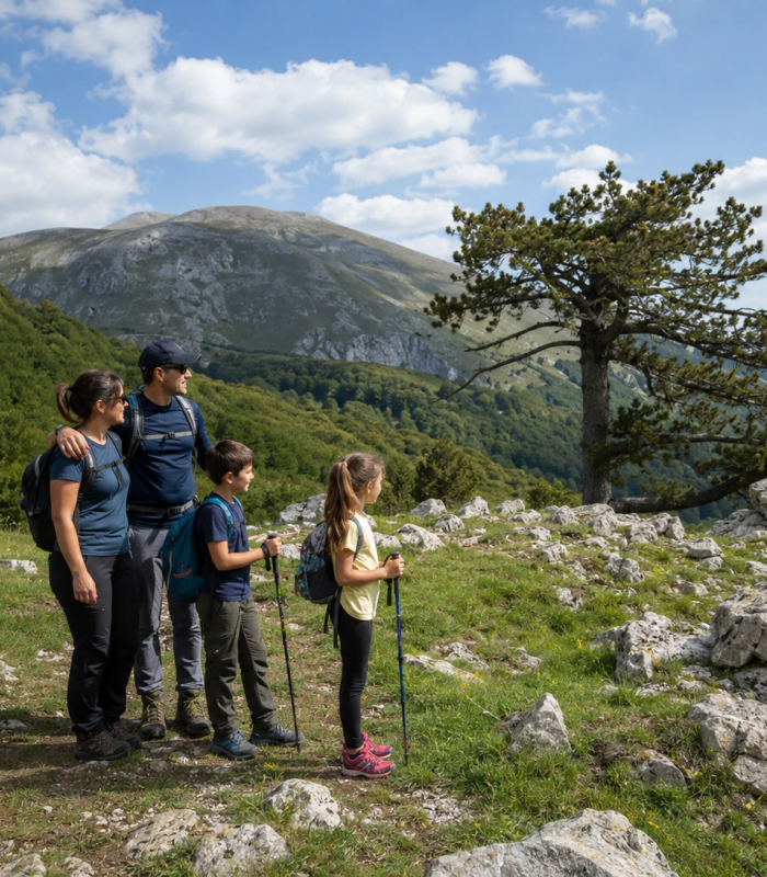 Famiglia in escursione nel Parco del Pollino tra rocce, boschi e pino loricato